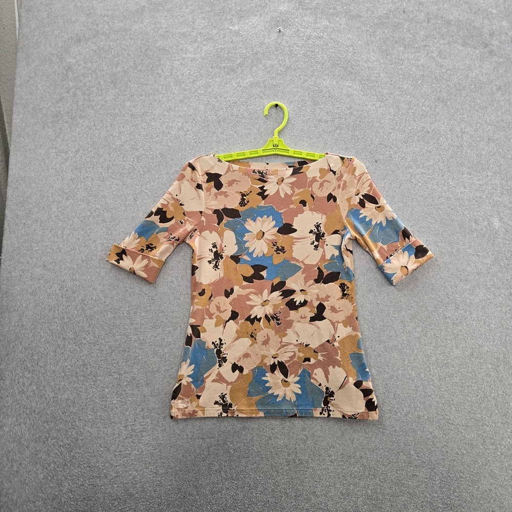 Lauren Ralph Lauren Women Shirt S Beige Floral Artsy Stretch Coastal Beach